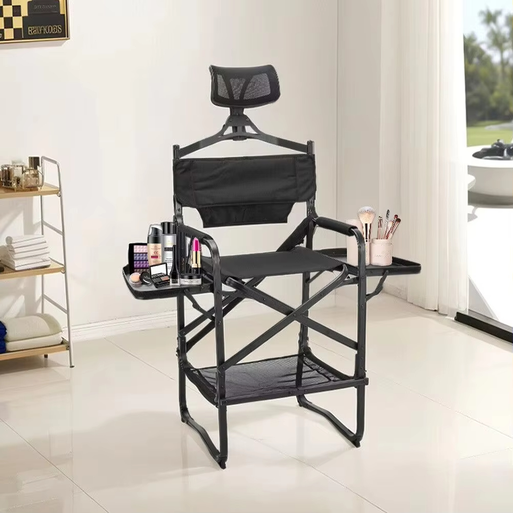 Home Bar Seating - 背の高いディレクターズチェア、頑丈なバーハイト折りたたみ式メイクアップチェア、パッド入りシート、サイドテーブルフットレスト付き、キャンプ、自宅、パティオ用