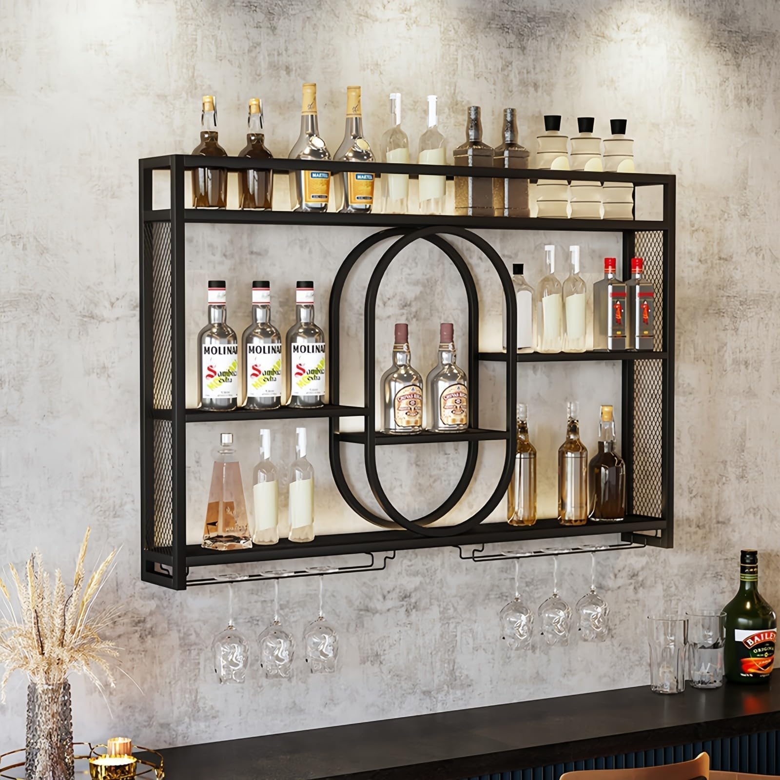 Home Bar Shelves - 39インチのアップグレード版金属製壁掛けワインラック、3段の大容量吊り下げ式バーシェルフ、モダンな家庭用リキュールウォールシェルフ