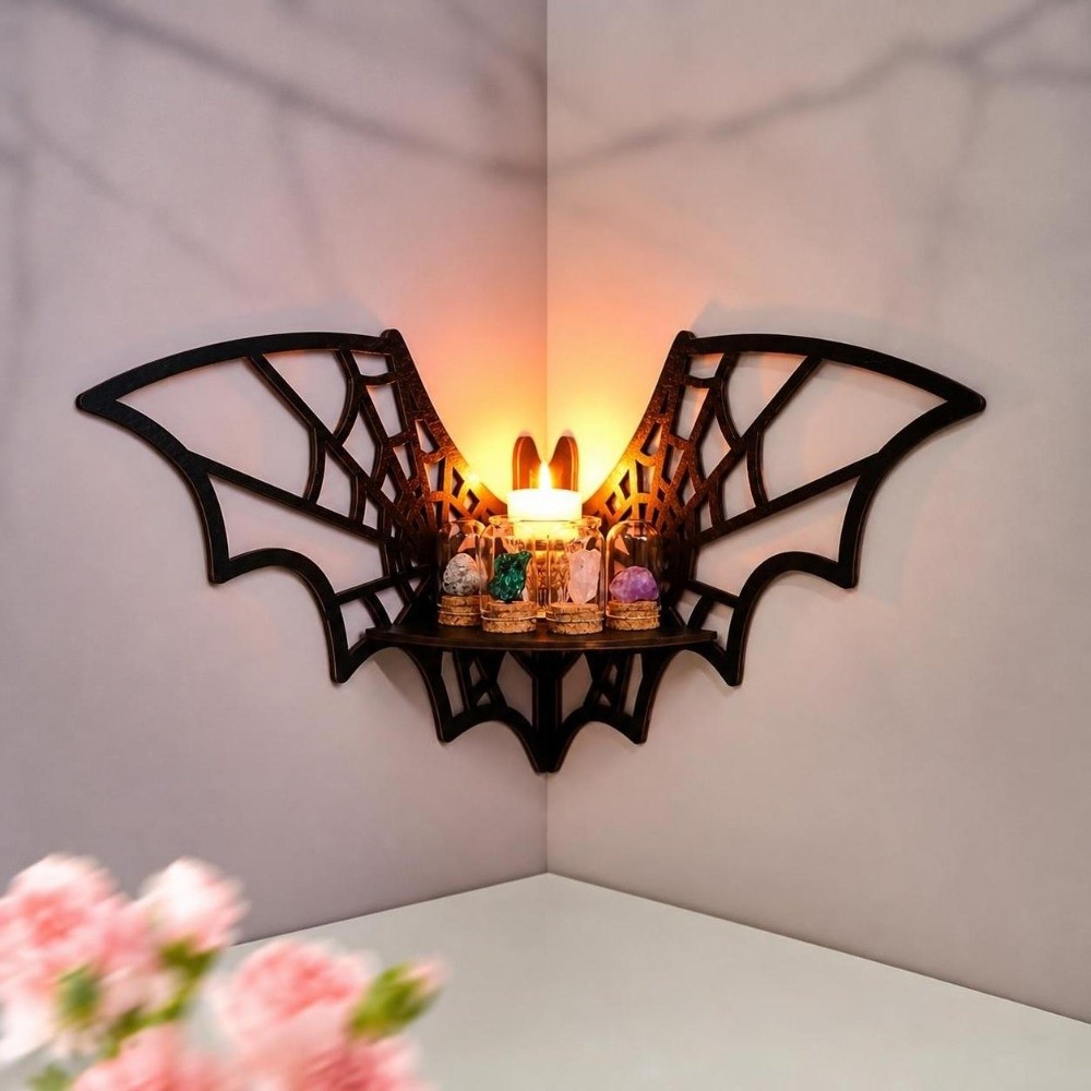 Home Bar Shelf - 木製バット型コーナーシェルフ、中空模様、壁掛け式フローティング収納棚、黒色、クリエイティブな形状、壁面ディスプレイシェルフ、屋内用