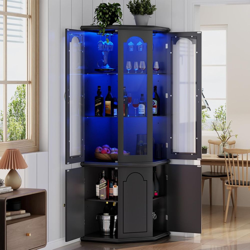Home Bar And Cabinet - 強化ガラス扉付き照明付きバーキャビネット、背の高いワイン収納キャビネット、ホームバー用の調節可能な棚、リビングに最適