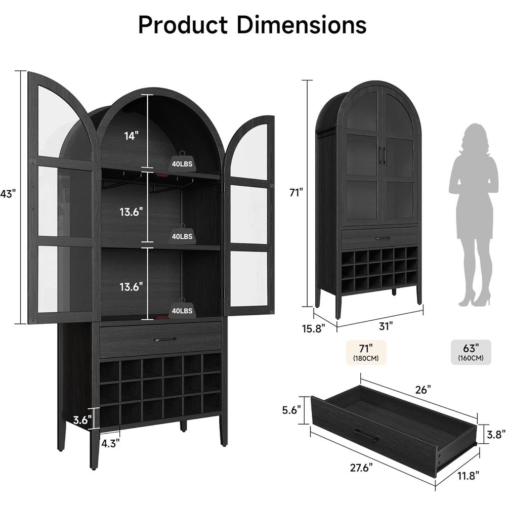 高さ71インチのアーチ型ワインバーキャビネット（収納付き）、 - Home Bar Shelves のレビューと価格