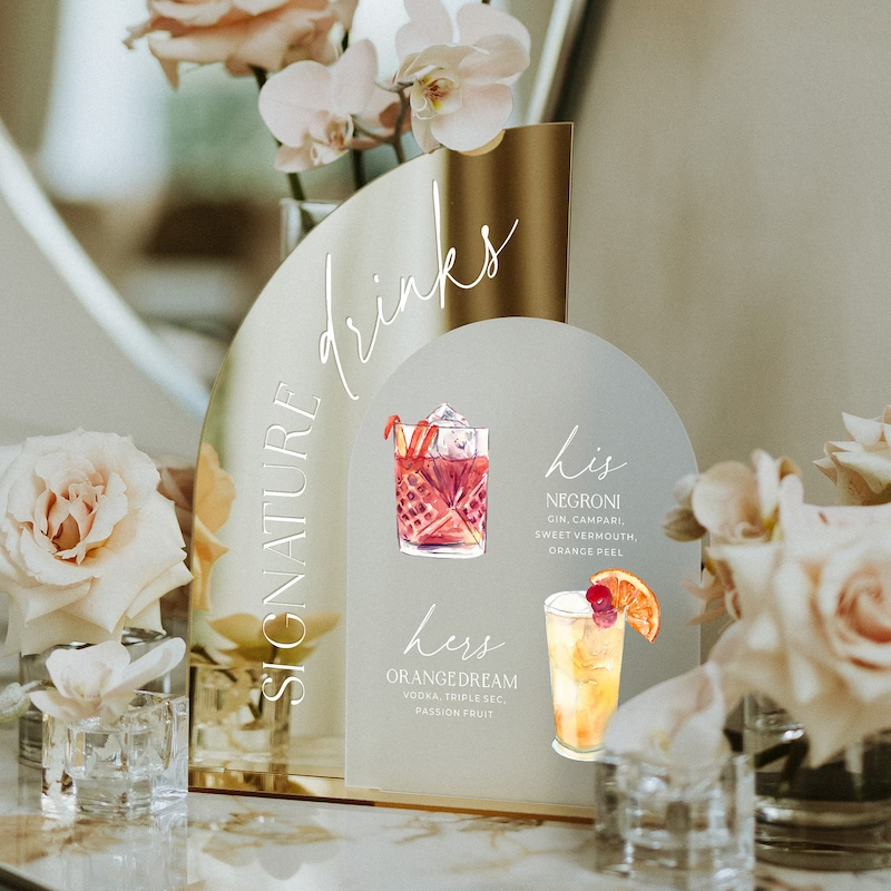 ゴールドミラーウェディングバーメニューサイン、シグネチャード - Cocktail Recipe Book のレビューと価格