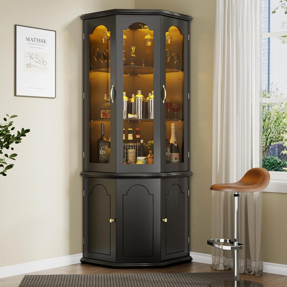 強化ガラス扉付き照明付きバーキャビネット、背の高いワイン収納 - Home Bar And Cabinet のレビューと価格