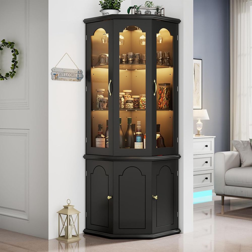 強化ガラス扉付き照明付きバーキャビネット、背の高いワイン収納 - Home Bar And Cabinet のレビューと価格